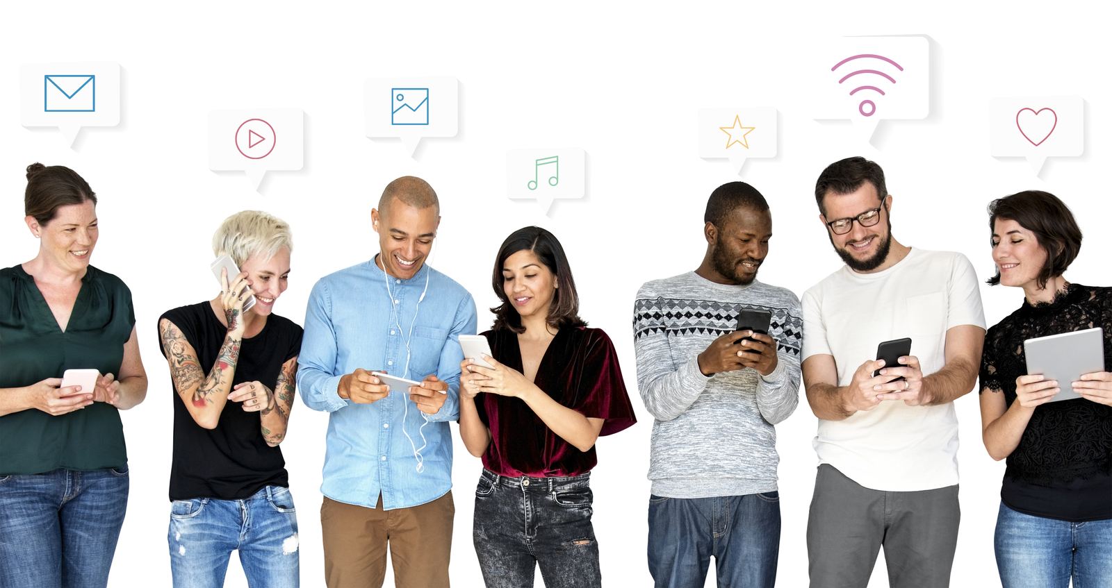 Group of friends staying connected on their phones and tablets